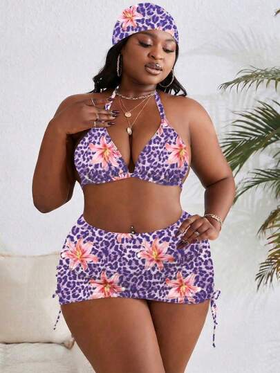 Slaydiva Plus Size Random Print Halter 3-Piece Swimsuit Set, 4pcs