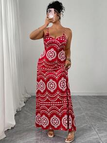 Elenzga Plus Size Casual Retro Printed Summer Spaghetti Strap Dress, Party Dress, Outdoor Outfit - Red - View 4