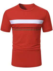 Manfinity Homme Camiseta de manga corta de cuello redondo minimalista y casual con contraste de color para hombres - Rojo - Ver 5