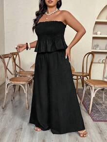 Weeklong Plus Size Women's Spring/Summer Vacation Crinkle Fabric Strapless Ruffle Hem Wide Leg Pants 2 Pieces Set - Black - View 4
