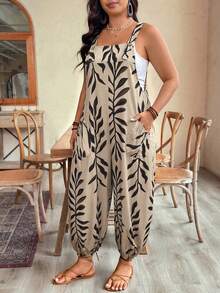 SHEIN Clasi Plus Size Women Spring/Summer Fashion Adjustable Waist Printed Jumpsuit - Apricot - View 3