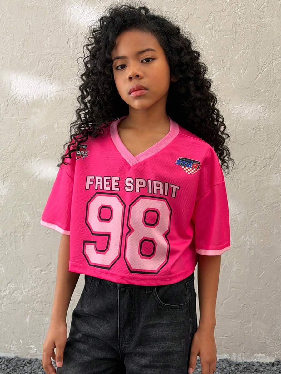 Camiseta corta casual de punto con cuello en V y gráfico numérico para niña preadolescente - Rosa - Ver 1