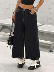 StreetHx 女士时尚复古直筒宽松牛仔裤，带腰带环 - 黑色 - 查看 4