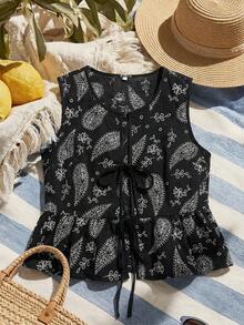SHEIN EZwear Camisa de chaleco con estampado de anacardo negro de estilo casual de vacaciones, parte superior de paisley con lazo para mujer de talla grande, nuevas llegadas de blusas de verano casuales y elegantes para mujer - Negro - Ver 2