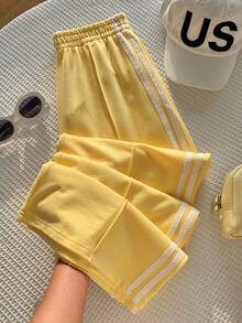 Comfortcana Pantalones de chándal de punto a rayas amarillas de talla grande cómodos con cordón, adecuados para uso casual - Amarillo - Ver 1