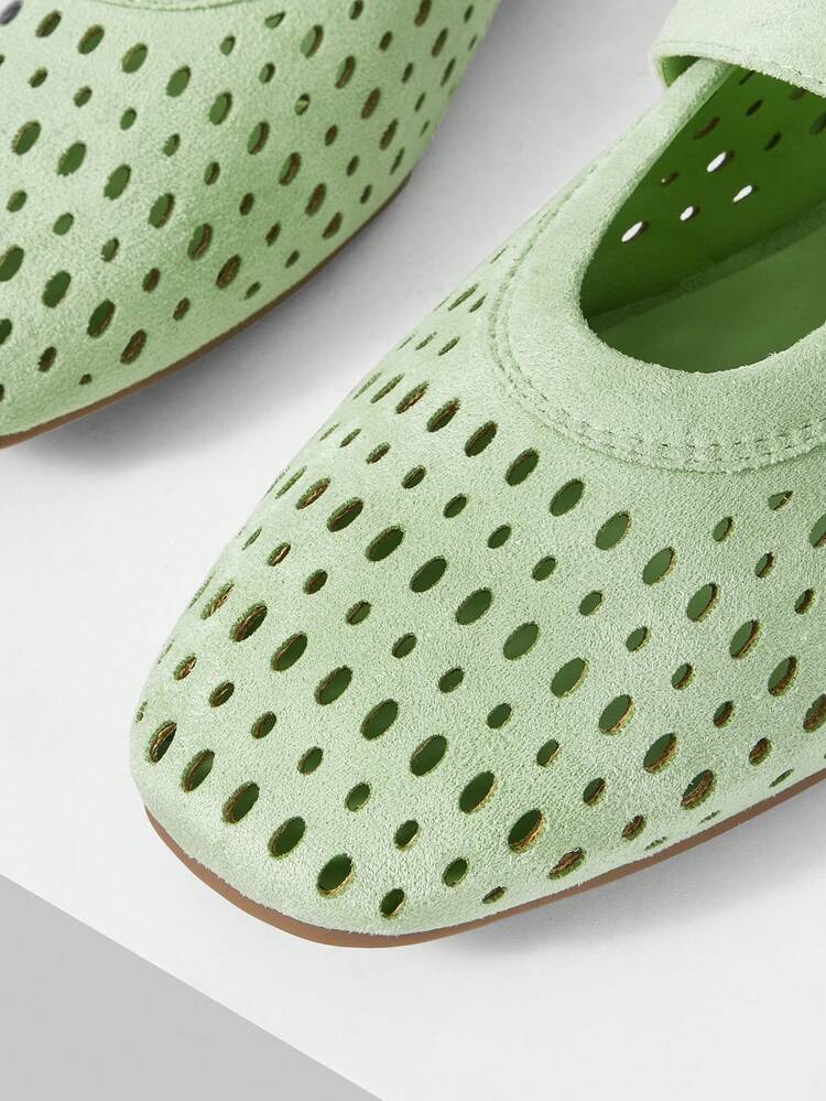 LADIES FRENCH NEW SUEDE HOLLOW BUCKLE WITH SQUARE TOE FLAT SHOES, GREEN VERSATILE GENTLE ELEGANCE LIGHTWEIGHT NON-SLIP COMFORTABLE FAIRY STYLE VACATION MARY JANE SHOES