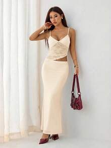 SHEIN PETITE 夏季海滩度假蕾丝性感透视吊带长裙，适合日常约会、夜间外出、夜店、派对等场合。 - 杏色 - 查看 6