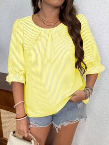 EMERY ROSE Striped Round Neck Cuff Tie Back Decorative Button Plus Size Women Shirt - Light Yellow - View 2