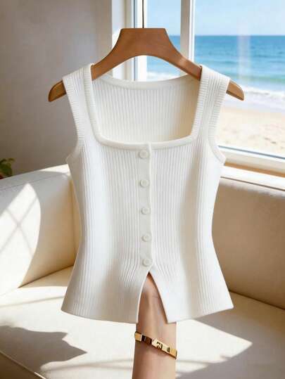 Franclia New Summer Sexy Minimalist Waist Cinching Fitted Square Neck High-End Chic Retro French Casual Daily Commute Style Women Cardigan, Relaxed Atmosphere, Soft Korean Gentle Vibe, Casual Holiday Ribbed Vest Tops Women Vest Top For Women Fitted Vest Top Vest For Woman  Vest