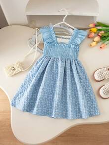 SHEIN 小女孩花卉提花可爱连衣裙 - 藍色 - 查看 2