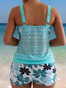 Swim Lushoire 4-Season High-Selling Beach Vacation Jacquard Adjustable Wide Strap Tankini Top & Elastic Waist Printed Swim Shorts 2 Pieces Bikini Set - Multicolor - View 2