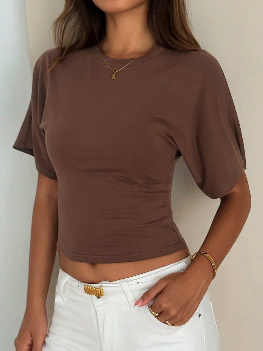 DAZY Women's Round Neck Waist Cinched Short Sleeve Casual Street Style T-Shirt Crop Tops Women - Brown - View 1