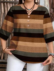 EMERY ROSE Plus Size Women Patchwork Color Casual Minimalist Daily Wear Shirt, Suitable For Summer - Multicolor - View 3