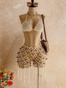 Soleia Beach Style Hollow Knit Camisole Top + Mini Skirt Set - Khaki - View 1