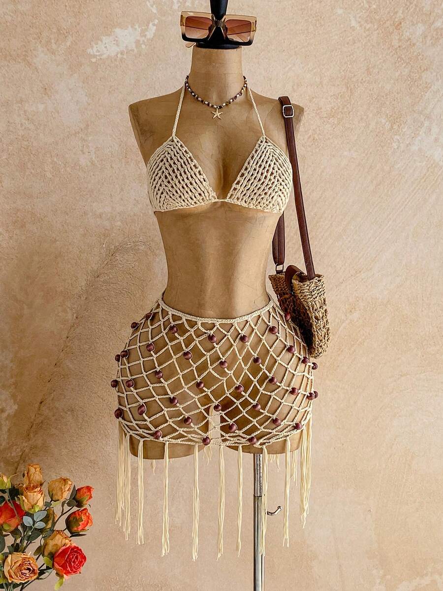 Soleia Beach Style Hollow Knit Camisole Top + Mini Skirt Set - Khaki - View 1