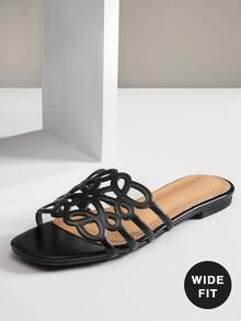 SHUZIA Women's Wide-Fit Fashionable Elegant Floral Cut-Out Slip-On Flat Sandals - Black - View 7
