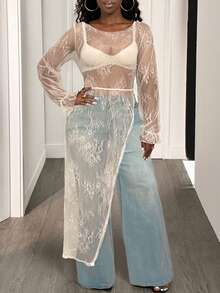 BamGleam Lace Sheer Asymmetric Hem Side Slit Blouse For Women - Apricot - View 4