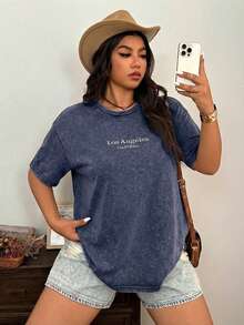 SHEIN EZwear Áo thun cotton thêu họa tiết màu xanh hải quân cổ điển, dáng rộng, cỡ lớn. - Màu xanh hải quân - Xem 5