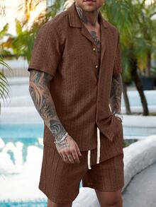 VENTUSAIL Plus Size Men's Hollow Out Textured Short Sleeve Shirt & Shorts Set Men Vacation Outfit Sets Men Summer Holiday Clothes Resort Wear Men Holiday - Rust Brown - View 6