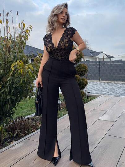 Jeta Ari 女士黑色蕾丝阔腿裤，现代优雅，适合都市通勤、日常百搭，亦可搭配90年代复古风、圣诞新年装扮，浪漫情人节派对、海滩毕业典礼、嘉年华假日装扮，简约时尚，适合婚礼宾客、主人、约会、派对、音乐会、早午餐、机场等多种场合。