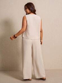 Elaquor Plus Size 2 Pieces Set,Lace Trim Collar Round Neck Shirt & Wide Leg Pants Beige,Summer,Smart Casual,Vacation,Holiday Elegant Commuter Business Outfits - Apricot - View 9