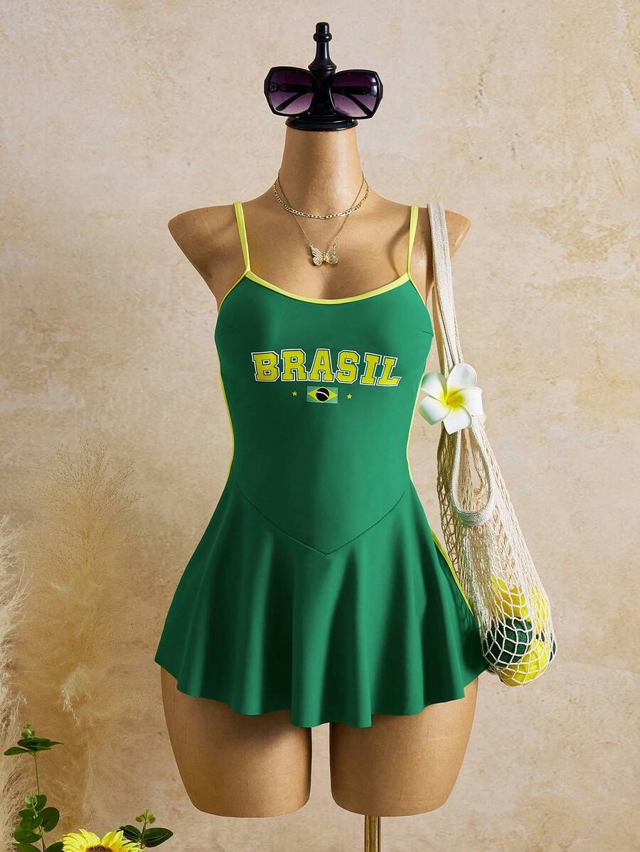 Bellisia 26SS 春夏度假风方领性感吊带巴西国旗印花泳装连衣裙（女款） - 彩色 - 查看 1