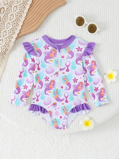 女婴/幼儿紫色美人鱼印花荷叶边肩部长袖连体泳衣