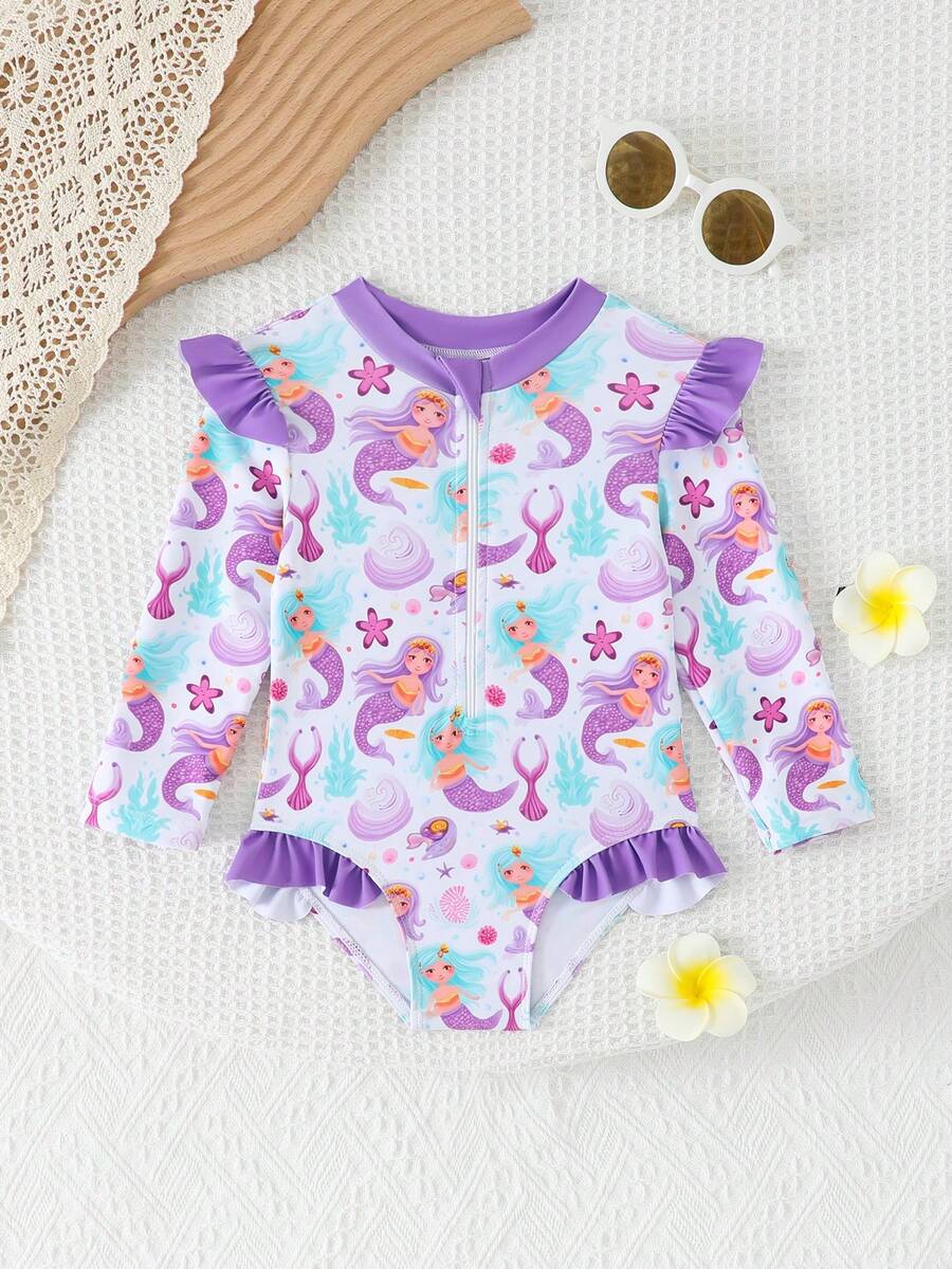 女婴/幼儿紫色美人鱼印花荷叶边肩部长袖连体泳衣 - 紫色 - 查看 1