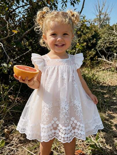 SHEIN Vintaside Kids Baby Embroidered Dress, High-End Princess Formal Dress, White Toddler Girls Party Dress