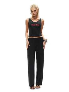 SHEIN Minimalist Combination Of Solid Black Camisole + Wide-Leg Pants. The Camisole Features A U-Neck Sleeveless Design With A Red "Rest Era" Print As A Visual Highlight. The Pants Have An Elastic Waistband And A Loose Wide-Leg Silhouette, Offering A Streamlined Yet Flexible And Draping Look. - Black - View 3