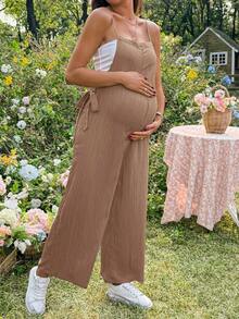 SHEIN Maternity Solid Color Minimalist Casual Jumpsuit - Khaki - View 6