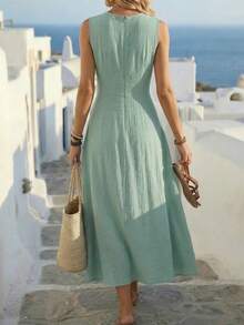 Louniche Đầm nữ màu xanh ô liu không tay, kiểu dáng giản dị, thiết kế thắt eo chéo, phong cách tối giản toát lên vẻ thanh lịch, phù hợp cho mặc hàng ngày, tiệc trà chiều, các buổi gặp gỡ thân mật và những chuyến đi làm nhẹ nhàng. - Màu xanh Bạc hà - Xem 2