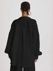 Musera Resort Oversized Leinenhemd als Strandüberwurf für Urlaub, Sommer, Reisen, Strandmode, Grundausstattung, Junggesellinnenabschied, Hochzeit, Braut, einfarbig, Resort-Kernstück - Schwarz - Übersicht 4
