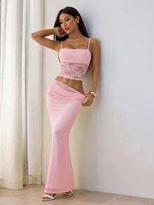 SHEIN PETITE 女士夏季蕾丝拼接透视两件套露背上衣+长裙性感优雅节日装扮情人节约会装扮音乐节宴会轻薄连衣裙适合秋冬季内衣穿着 - 淺粉色 - 查看 5