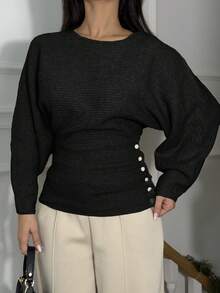 Ronhire 女装新款秋冬单件设计蝙蝠袖高端纽扣简约日常针织长袖上衣 - 黑色 - 查看 5