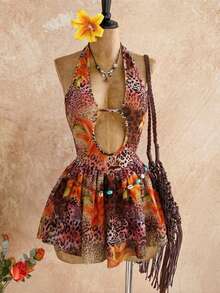 Flirla Women's Sexy Plunging V-Neck Halter Backless Mini Dress - Multicolor - View 1