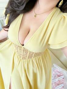 Vibekara Nuevo vestido de verano elegante con parches de encaje negro y cintura ceñida que reduce la edad - Amarillo - Ver 5