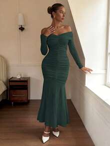 DAZY Elegant Solid Color Open Shoulder Ruched Midi Dress For Women, Spring/Summer Sundress Off The Shoulder - Dark Green - View 6