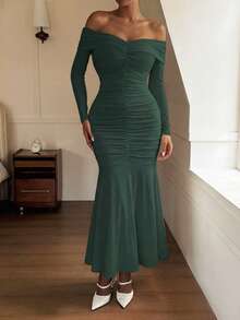 DAZY Elegant Solid Color Open Shoulder Ruched Midi Dress For Women, Spring/Summer Sundress Off The Shoulder - Dark Green - View 11