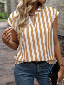 EMERY ROSE Women's Striped V-Neck Casual Versatile Daily Wear Short Sleeve Shirt - Yellow - View 4
