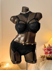 Auralis Hơn Ren hoa Vòng thép Garter Bộ đồ lót - màu đen - Xem 1