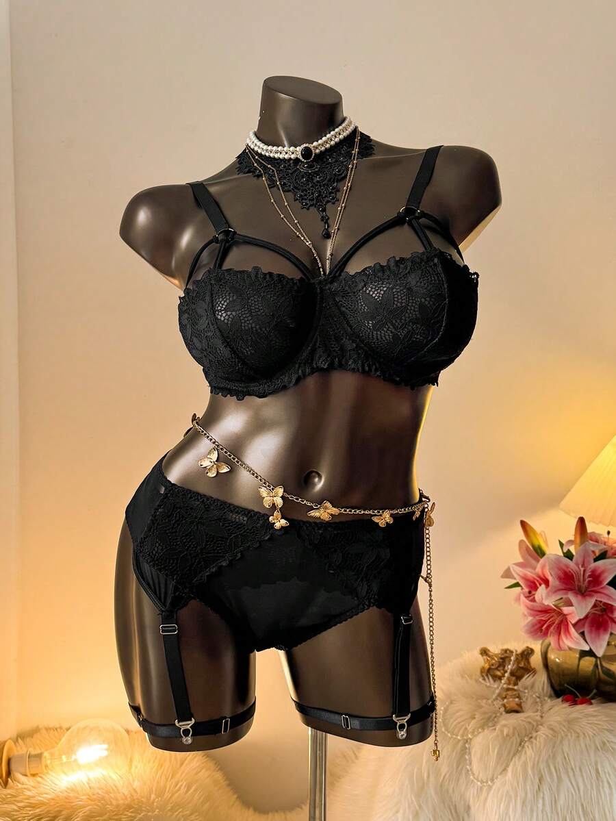 Auralis Hơn Ren hoa Vòng thép Garter Bộ đồ lót - màu đen - Xem 1