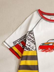 SpongeBob SquarePants | SHEIN Tween Boy Striped Print Short Sleeve T-Shirt, - Red and White - View 4