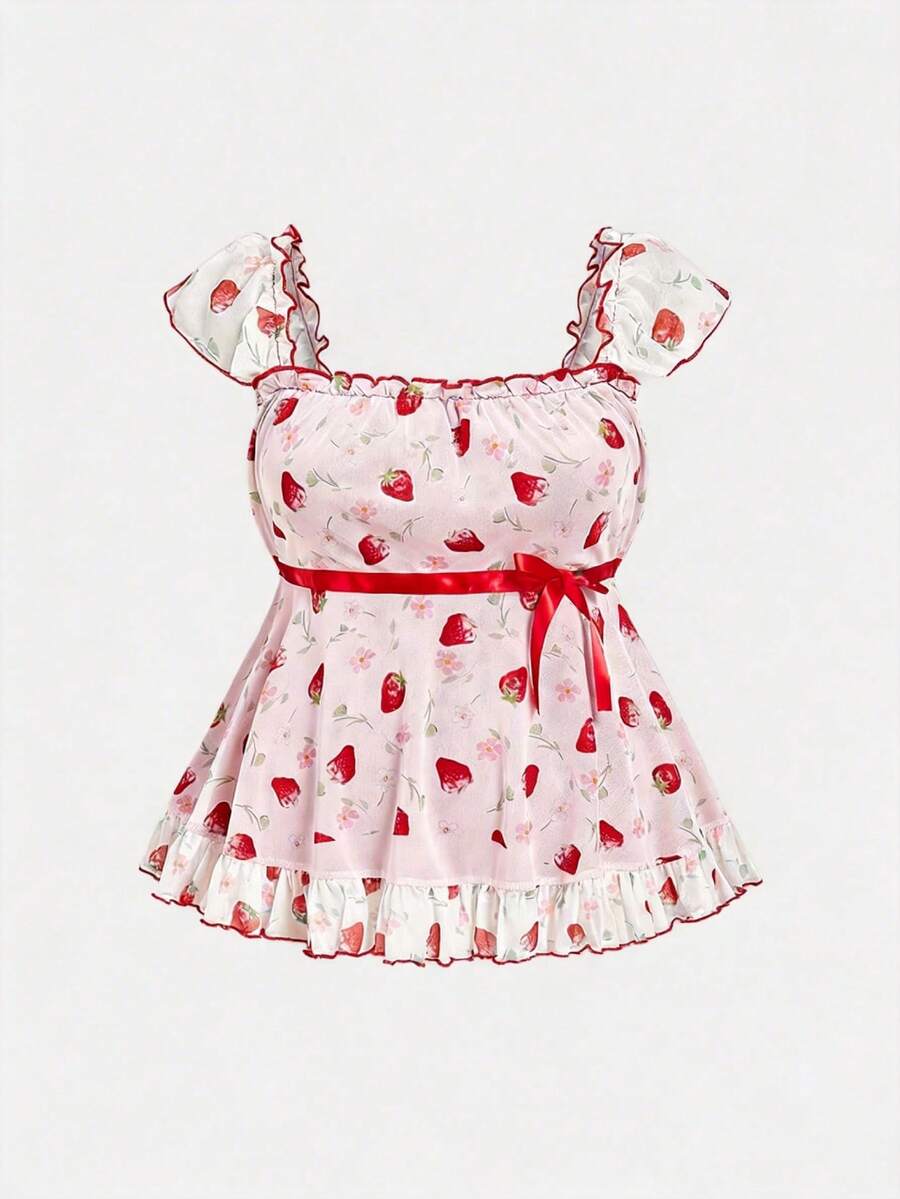 ROMWE Kawaii 大码女式可爱“娃娃衬衫”草莓印花，撞色蕾丝，度假风，适合春夏穿着 - 粉色 - 查看 1