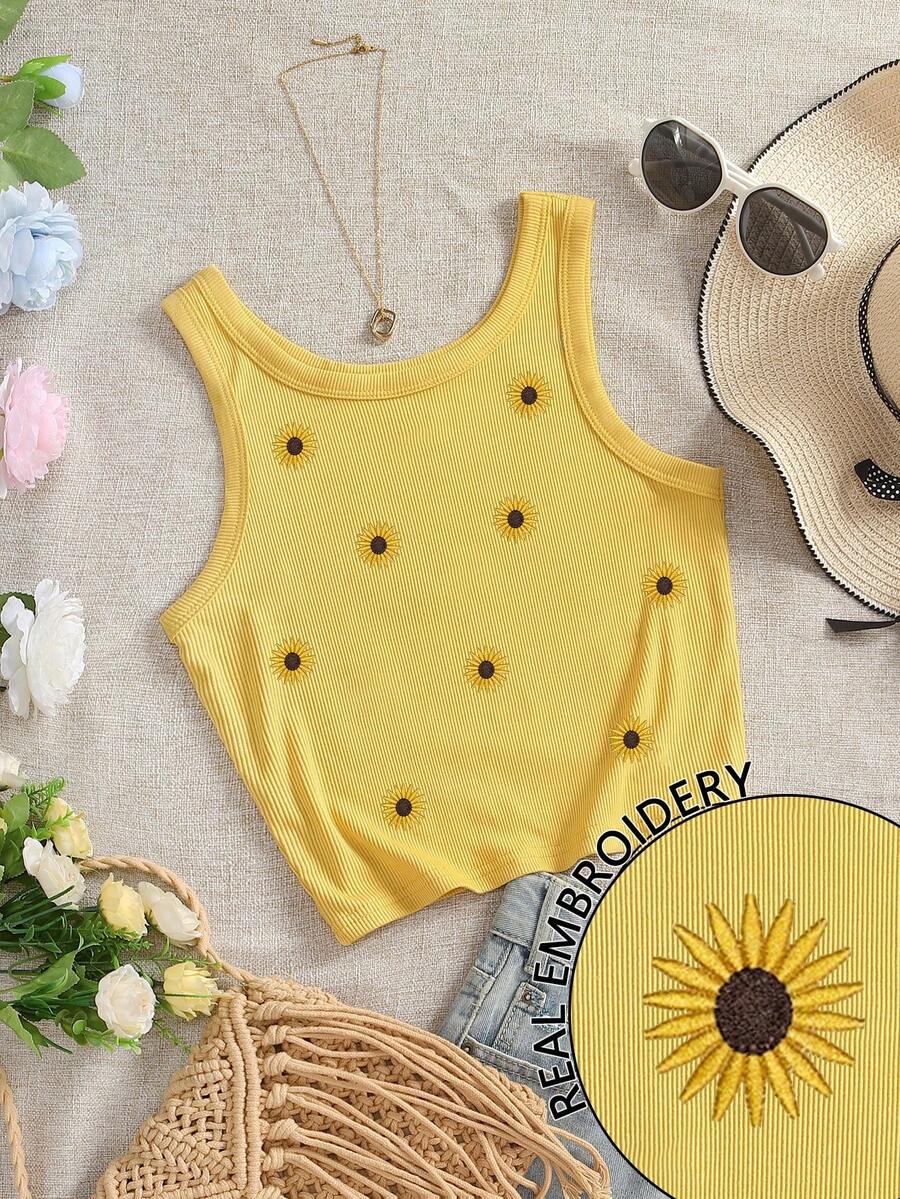 INAWLY 全雏菊刺绣女士圆领吊带衫 - 芥末黃 - 查看 1