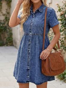 SHEIN LUNE Đầm denim nữ kiểu dáng thường ngày cài cúc phía trước, thích hợp cho mùa hè. - Rửa tối - Xem 3