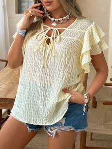 Ceyna Plus Size Women's V-Neck Tie-Up Ruffle Sleeve Casual Blouse,Yellow Boho Summer Vacation Holiday Tops - Light Yellow - View 4