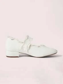 CUCCOO DOLLMOD 女士圆头亚麻白色春夏新款可爱甜美粗跟玛丽珍单鞋 - 白色 - 查看 3