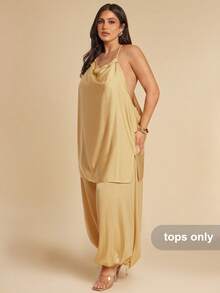 SHEIN BAE Plus Size Mustard Yellow Gold Satin Plunge Neck Backless Elegant Halter Top For Women, Summer, Wedding Guest Attire, Holiday Beach Wear, Curve Top - Orange - View 5