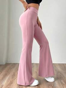 SHEIN EZwear 女士粉色针织修身喇叭裤，夏季阔腿裤，女士高腰阔腿裤，女士喇叭瑜伽裤，女士喇叭打底裤，阔腿瑜伽裤 - 粉色 - 查看 4